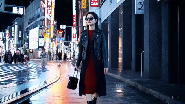 Four seconds from SORA-generated video of an elegant woman walking down an AI-Tokyo street. It shows a step during which her legs apparently change sides.