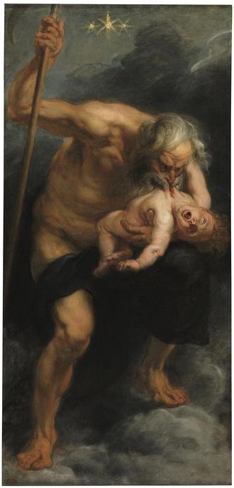 Painting by Rubens showing Saturn taking a hearty bite from the chest of one of his sons. Saturn is almost naked with long grey hair and beard and holds a staff in his right hand. In his left arm he holds his son, a small naked child with an exasperated face, head thrown back, eyes rolled up and mouth open. The surroundings show a bleak, grey night sky with dark clouds.