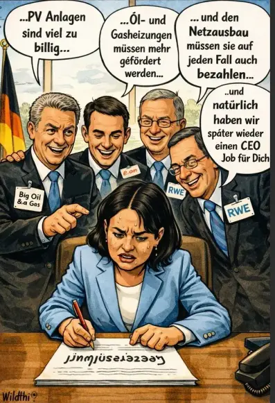 Bild im Stil alter Reklamen, auf dem vier Männer, die für Öl- & Gasindustrie, e.on und zweimal RWE stehen (durch Namensschilder gekennzeichnet) einer Frau, die offenbar Katherina Reiche sein soll, aber nicht im entferntesten so aussieht, Gesetzesinhalte in ihrem Sinn diktieren. Reiche schwitzt angestrengt und sieht aus, als sei Ihr das ganze eher unangenehm.